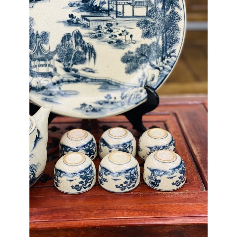  [BÁT TRÀNG CHÍNH HÃNG]-Bộ Ấm Trà Men Rạn Men Lam Vẽ Sơn Thủy-Siêu thị bảo khánh 