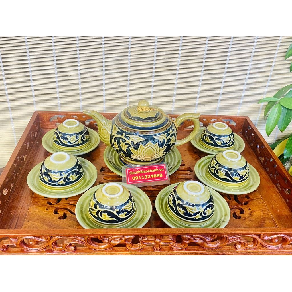  Bộ ấm chén gốm sứ Bát Tràng họa tiết hoa mẫu đơn 