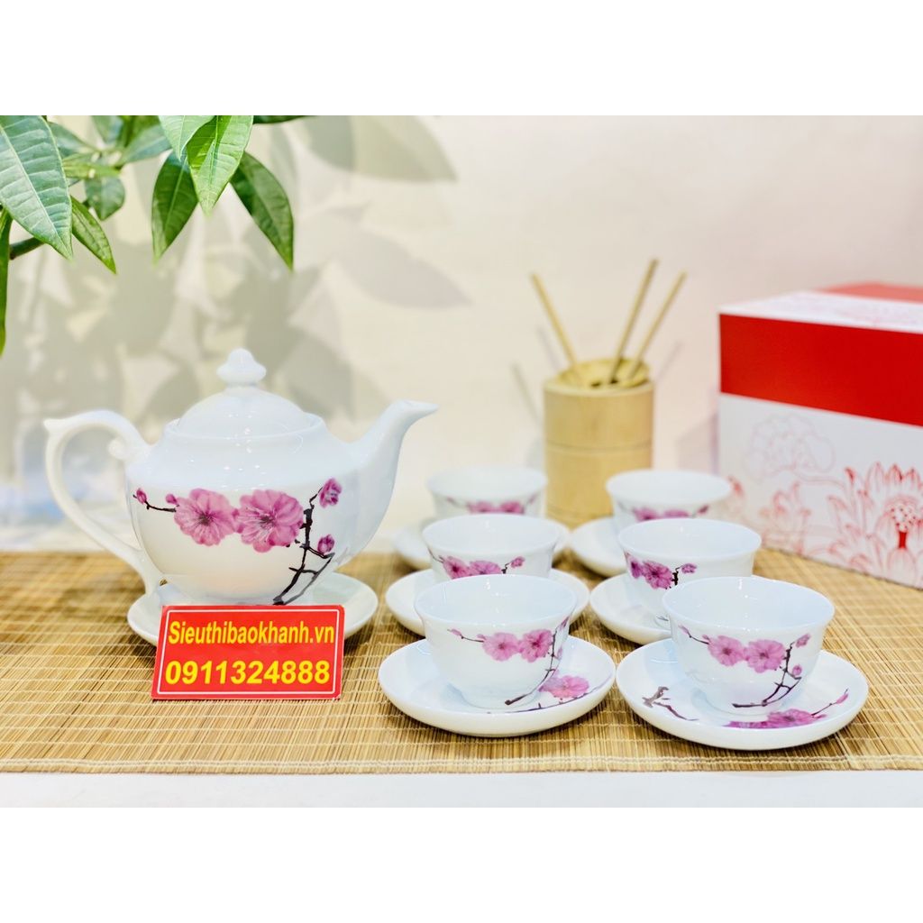  [QUÀ TẾT]-Bộ Ấm Chén Men Trắng Hoa Đào Bát Tràng-Bảo Khánh Việt Nam 350ml. 