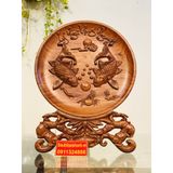  Đĩa trang trí gỗ hương trạm trổ Lí Ngư Vọng Nguyệt 