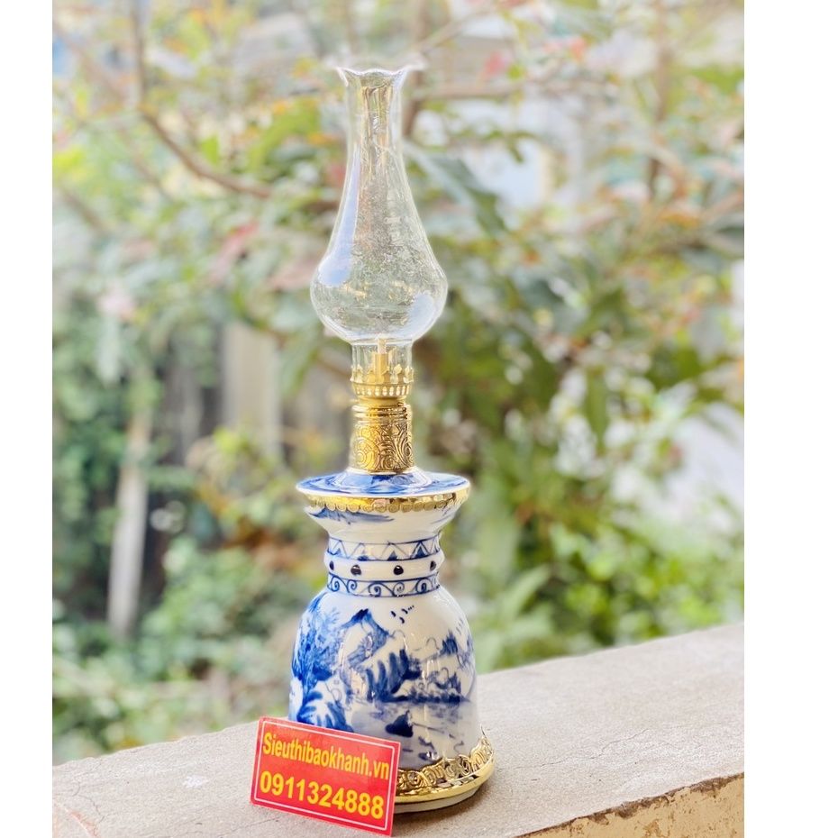  [ĐỒ THỜ CÚNG]-Cặp đèn dầu đồng thân gốm xuất xứ Bát Tràng 25cm 