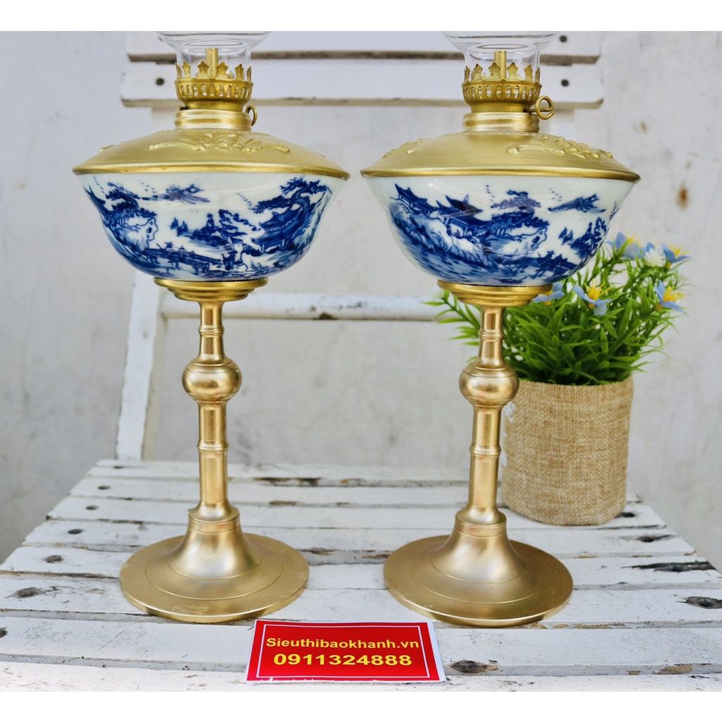  cặp đèn đầu đồng thân gốm xuất xứ Bát Tràng 25cm 