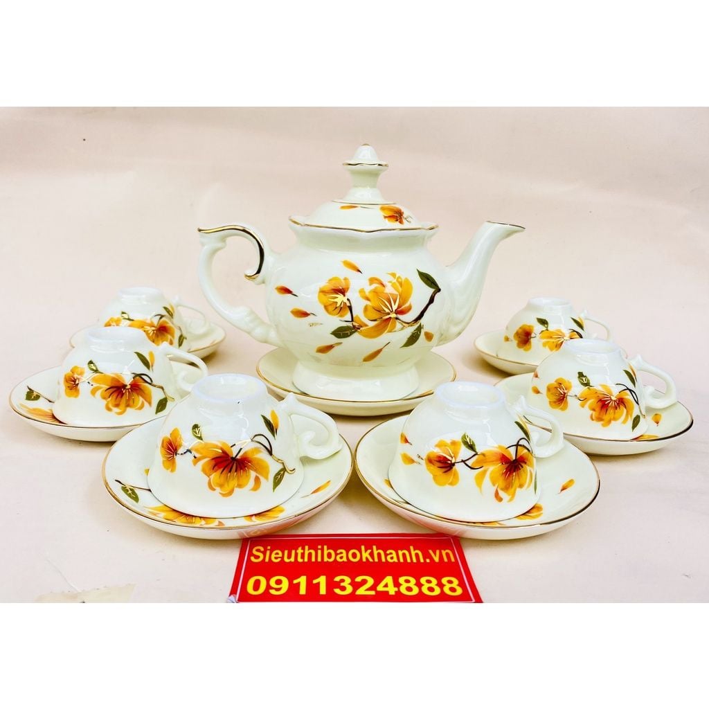  Bộ ấm chén men kem họa tiết Hoa Sen Bát Tràng 350ml 