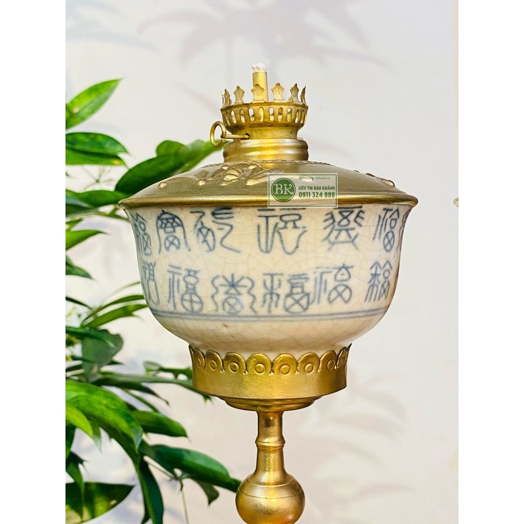  [ĐỒ THỜ CÚNG]-Cặp đèn dầu đồng thân gốm xuất xứ Bát Tràng 25cm 