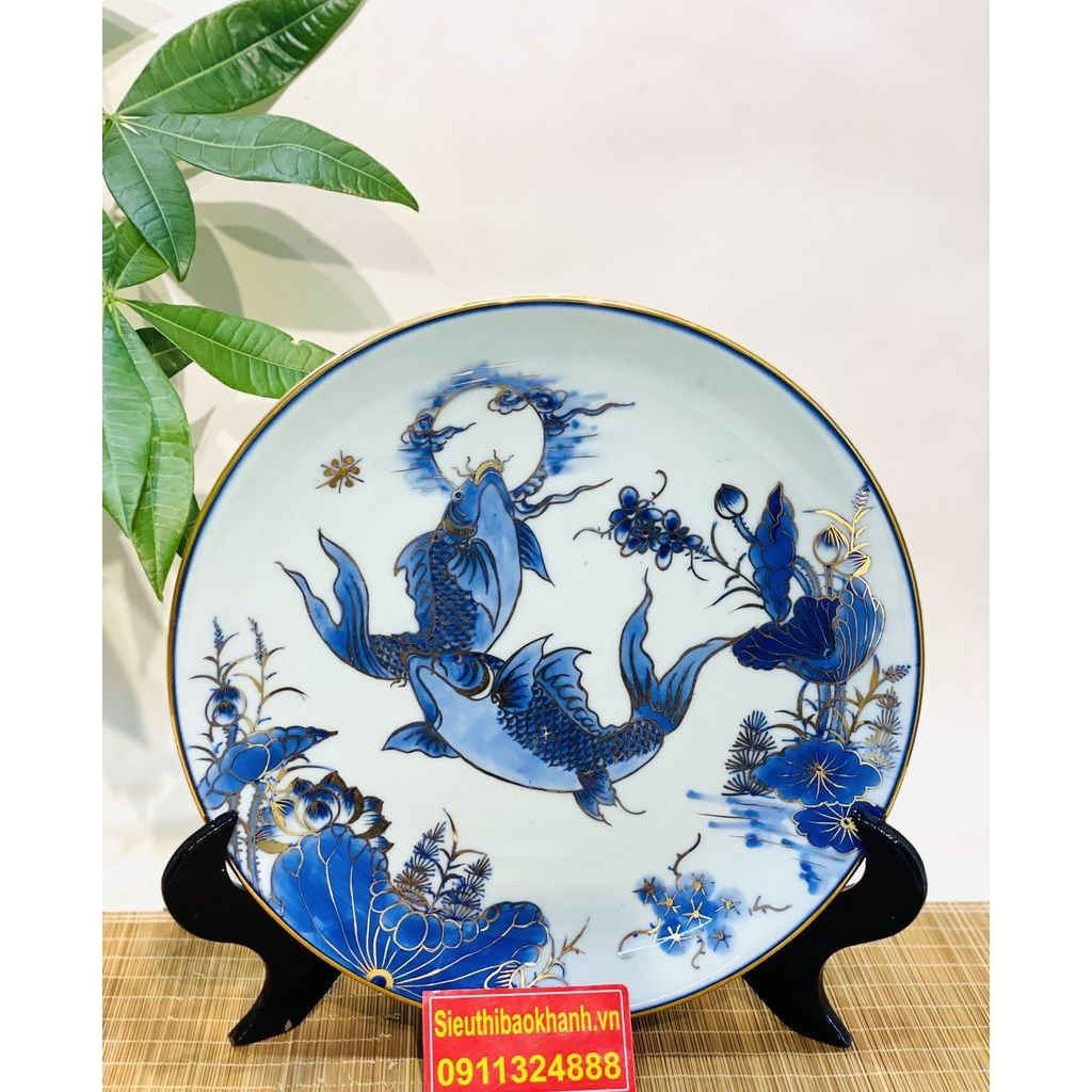  [BÁT TRÀNG CHÍNH HÃNG]-Đĩa Cảnh Men Lam Họa Tiết Lí Ngư-Mỹ Nghệ Bảo Khánh-Đĩa Trang Trí 35cm. 