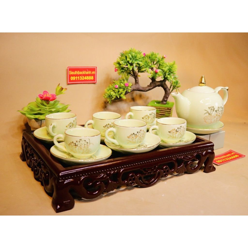  Bộ ấm trà men kem Bát Tràng họa tiết sen vẽ vàng BKCEVN-8025 