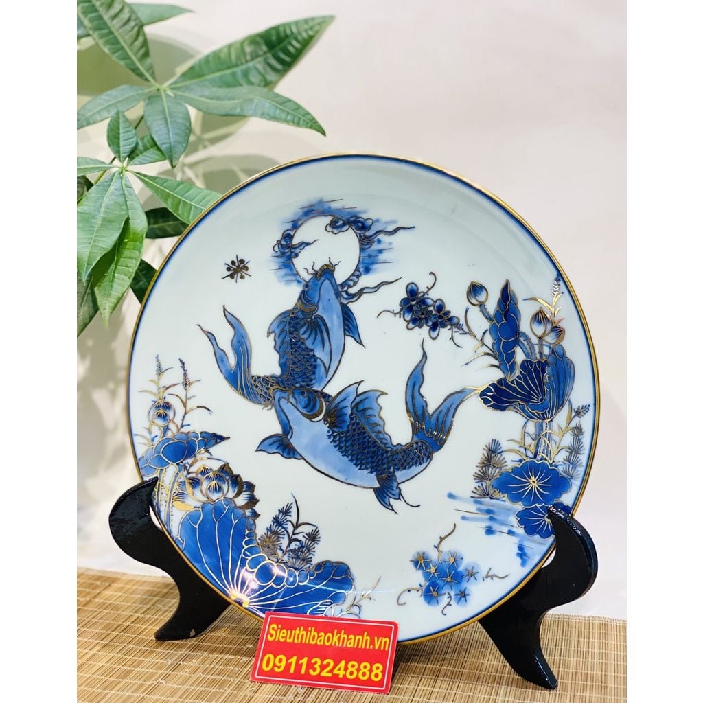  [BÁT TRÀNG CHÍNH HÃNG]-Đĩa Cảnh Men Lam Họa Tiết Lí Ngư-Mỹ Nghệ Bảo Khánh-Đĩa Trang Trí 35cm. 