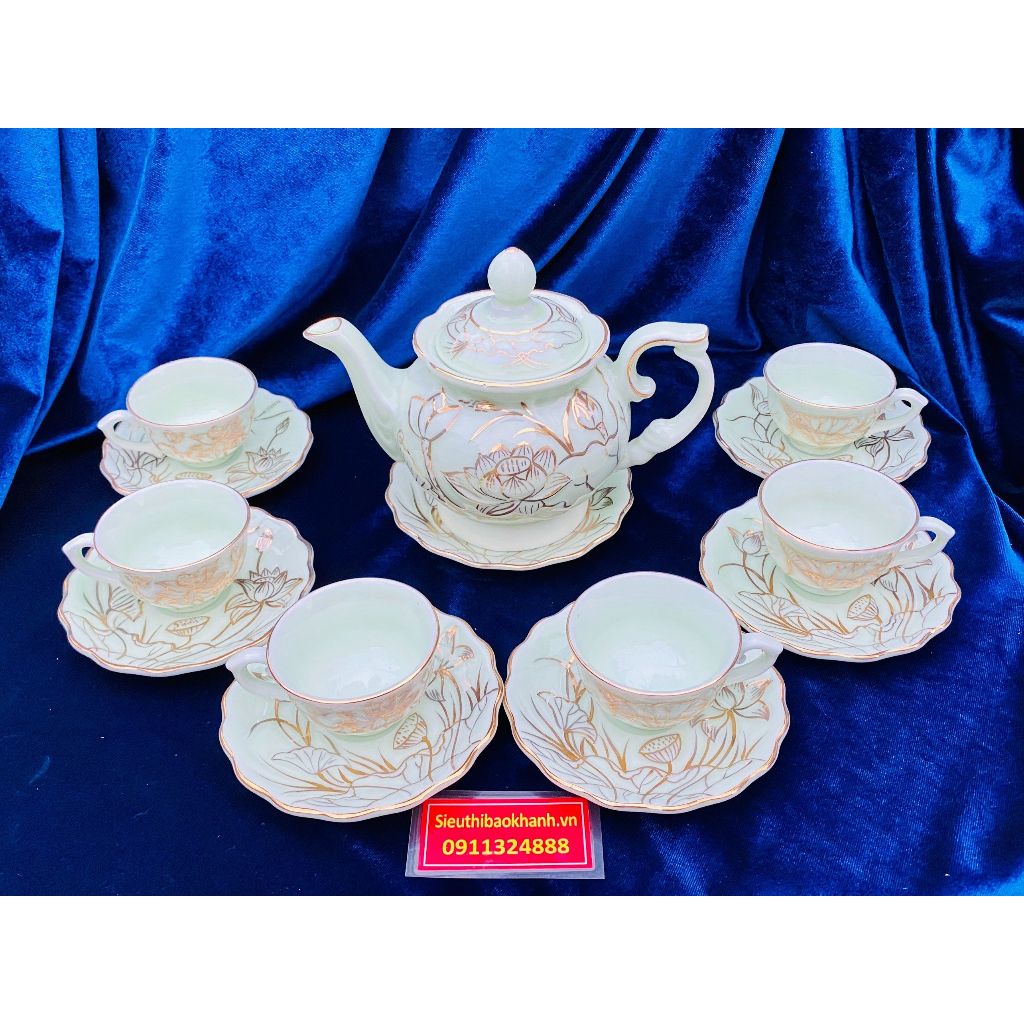  Bộ ấm chén gốm sứ Bát Tràng vẽ vàng, họa tiết hoa sen 