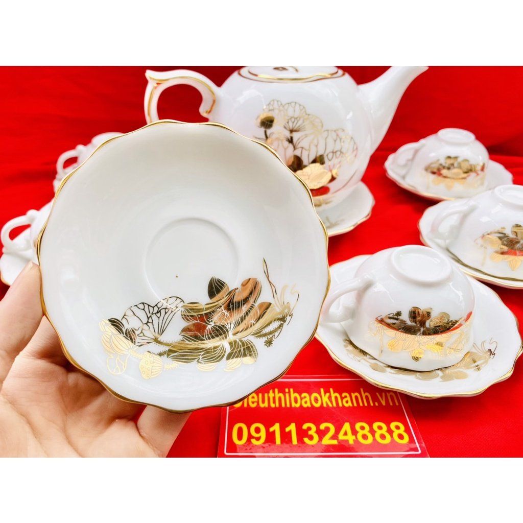  [BÁT TRÀNG CHÍNH HÃNG]-Bộ ấm chén men trắng vẽ vàng chóp lửa họa tiết sen 