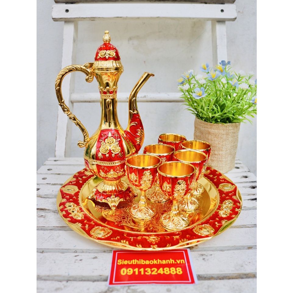  Bộ Ấm Chén Hợp Kim Đồng Dáng Hoàng Gia Đỏ Vàng – Sang Trọng, Quà Biếu Cao Cấp, Trưng Bày & Thờ Cúng BKMEVN-8182 