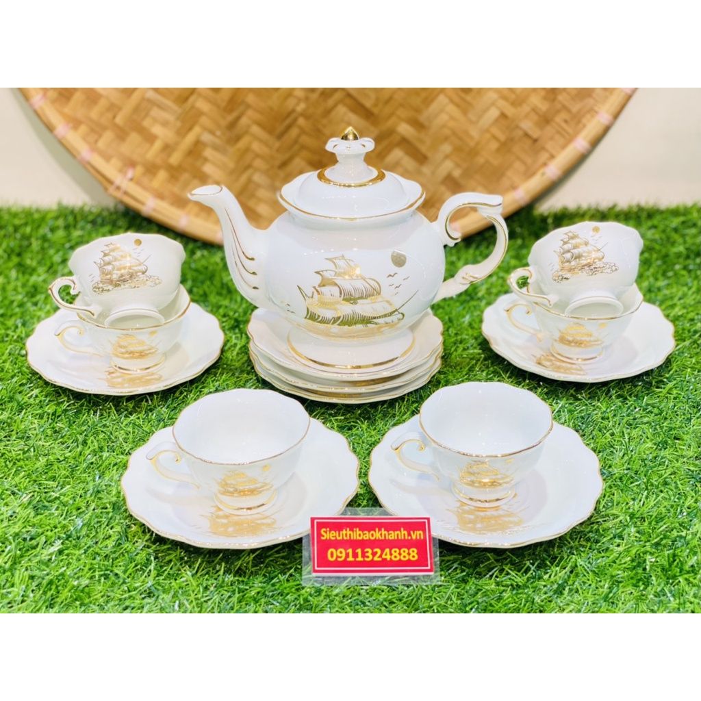  Bộ Ấm Chén,Ấm Trà Đẹp Men Trắng Viền Vàng họa tiết thuận buồm xuôi gió Chính Hãng Bát Tràng 350ml-Siêu Thị Bảo Khánh 