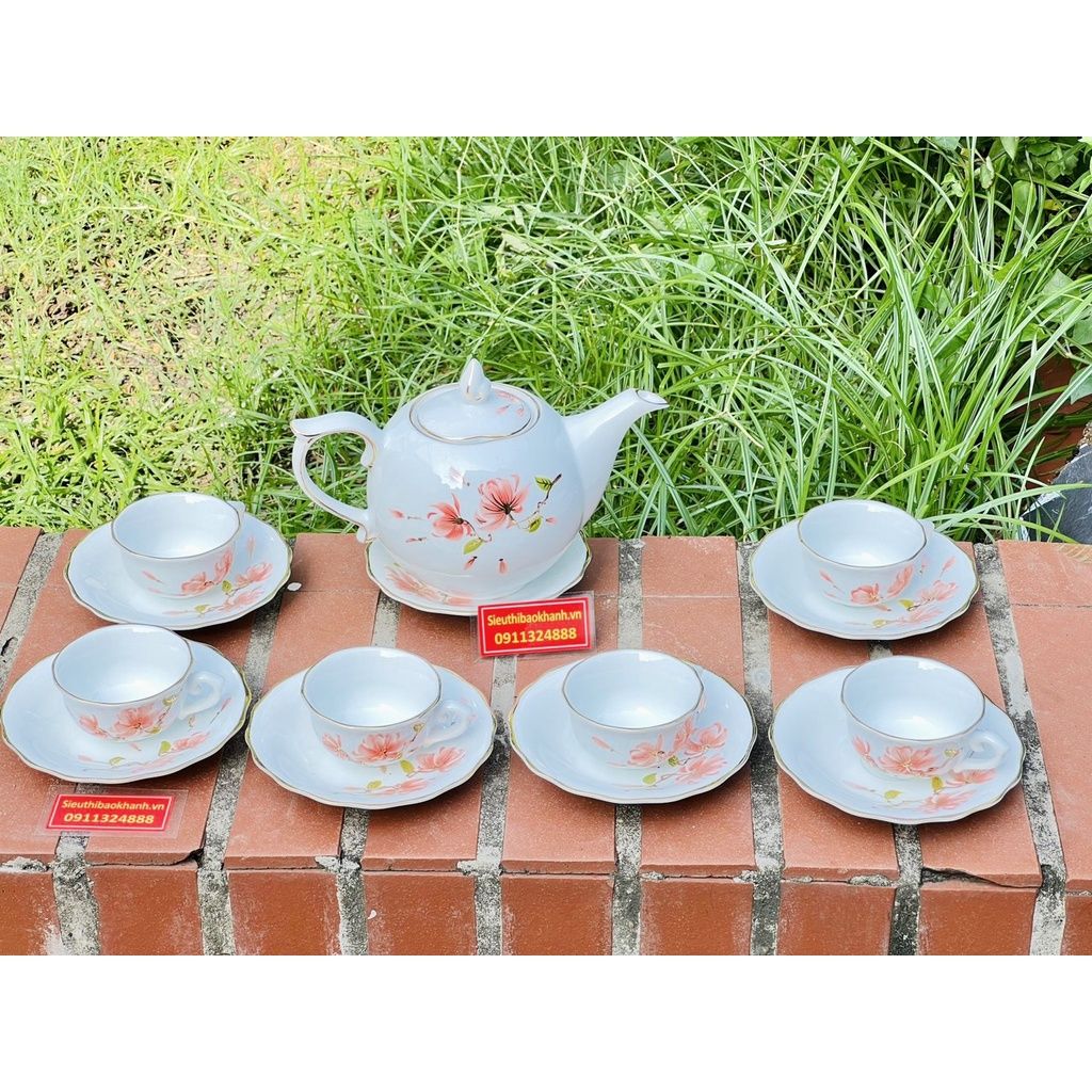  Bộ ấm chén Bát Tràng men trắng hoa tiết hoa 