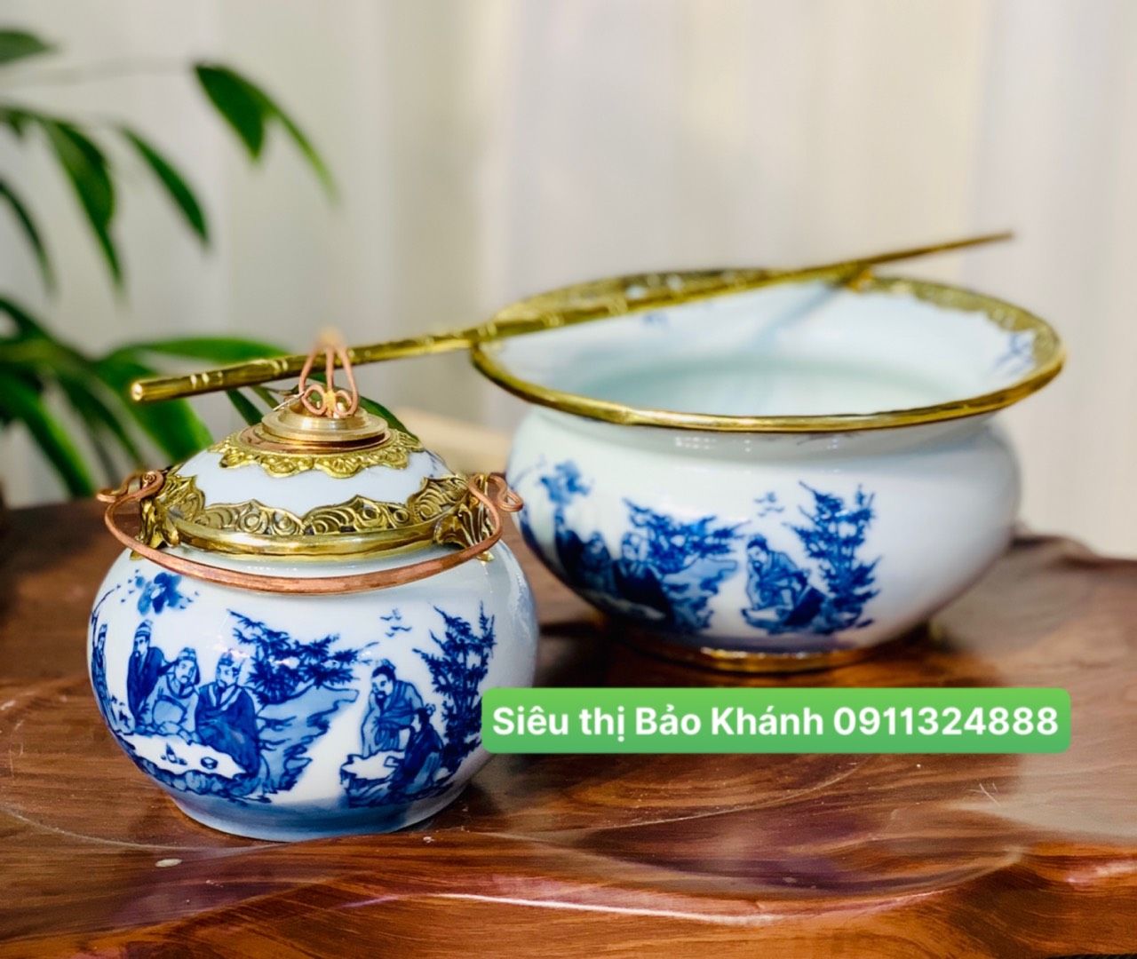  Điếu bát men lam họa tiết Trúc Lâm Thất Hiền bọc đồng 