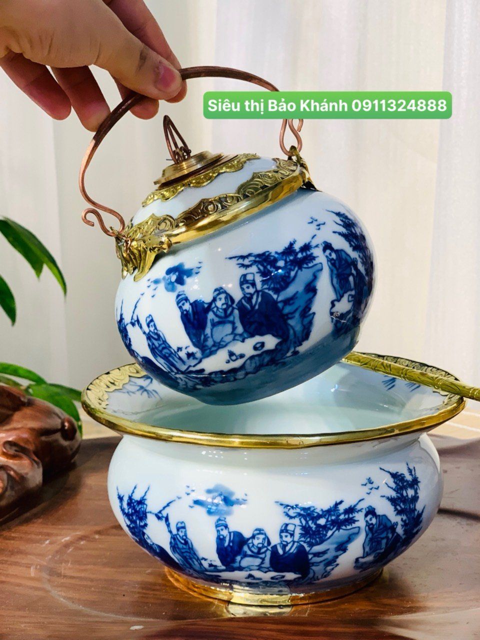  Điếu bát men lam họa tiết Trúc Lâm Thất Hiền bọc đồng BKCEVN-8041 