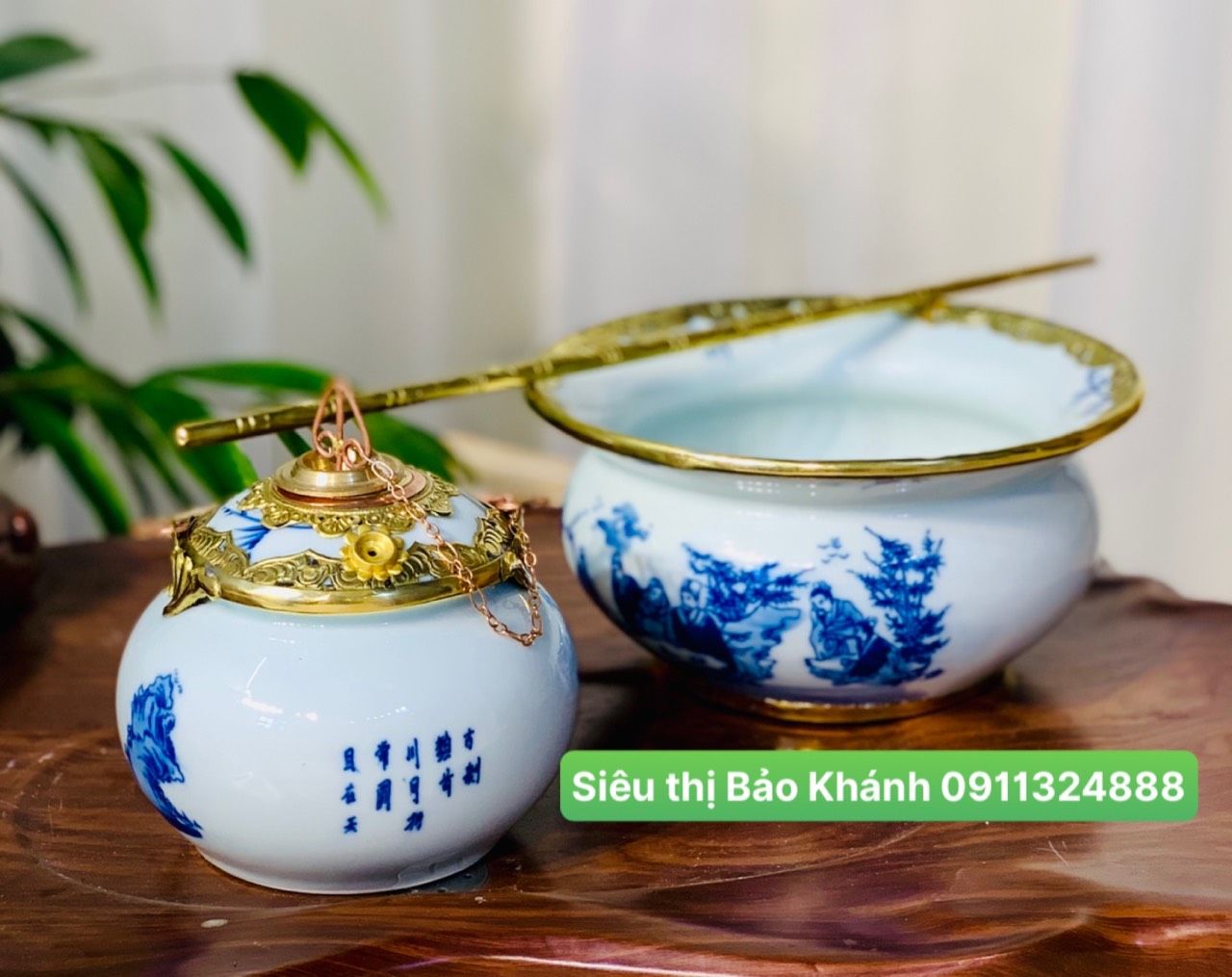  Điếu bát men lam họa tiết Trúc Lâm Thất Hiền bọc đồng 