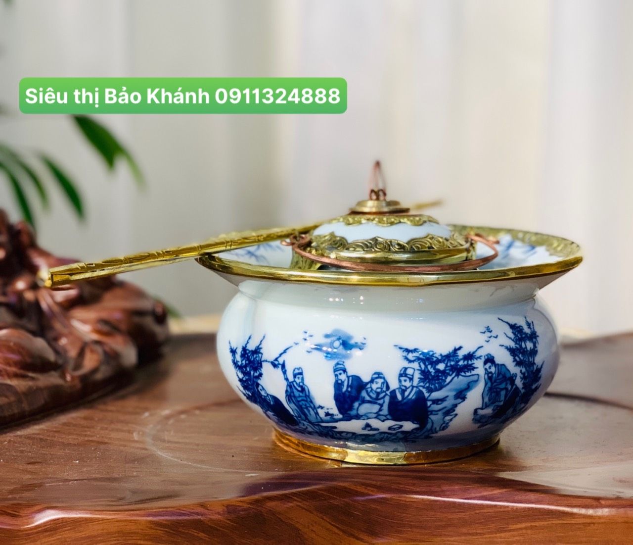 Điếu bát men lam họa tiết Trúc Lâm Thất Hiền bọc đồng BKCEVN-8041 