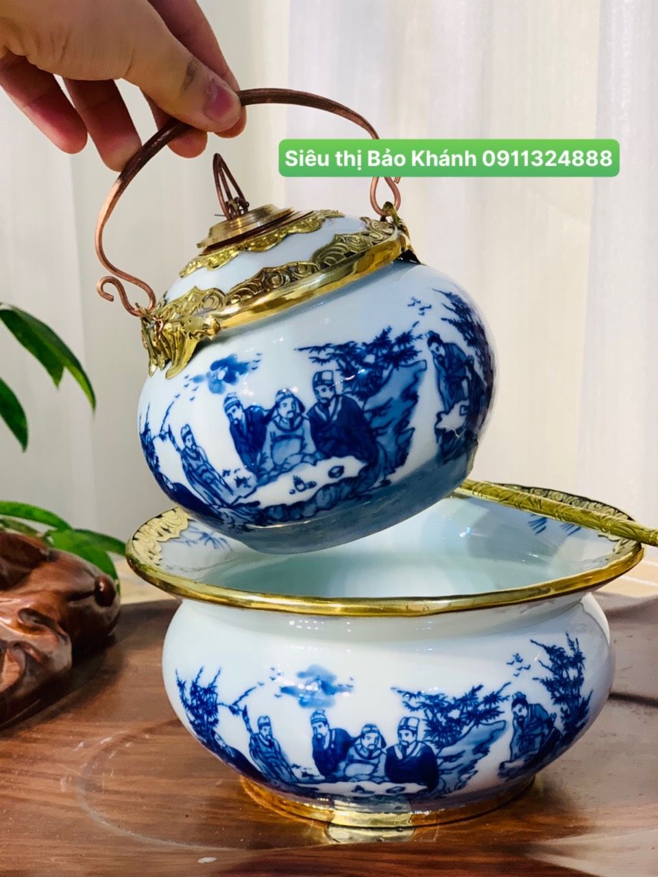  Điếu bát men lam họa tiết Trúc Lâm Thất Hiền bọc đồng BKCEVN-8041 