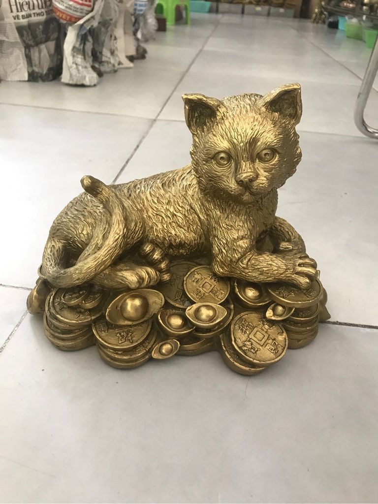  Tượng mèo đồng nằm đống tiền chiêu tài cao cấp 