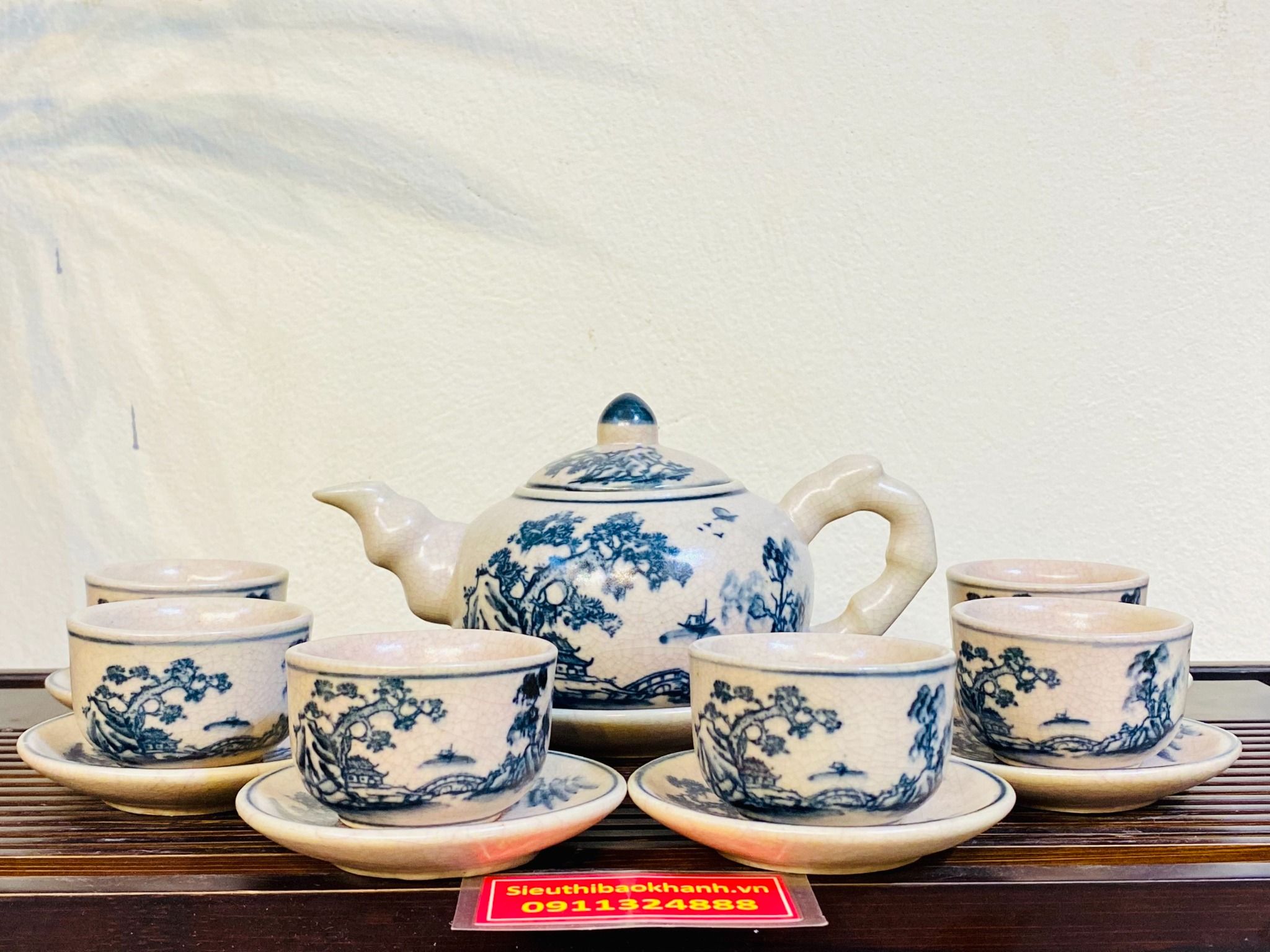  Bộ ấm chén men rạn giả cổ vẽ phong cảnh dáng tròn nhỏ xinh 