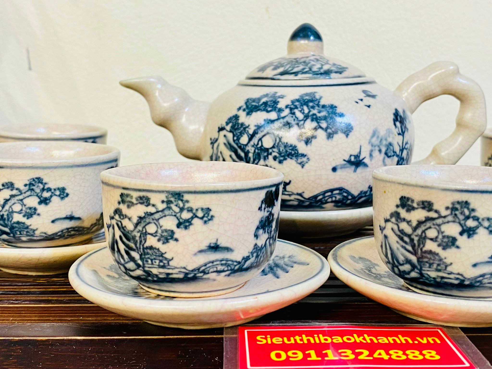  Bộ ấm chén men rạn giả cổ vẽ phong cảnh dáng tròn nhỏ xinh 