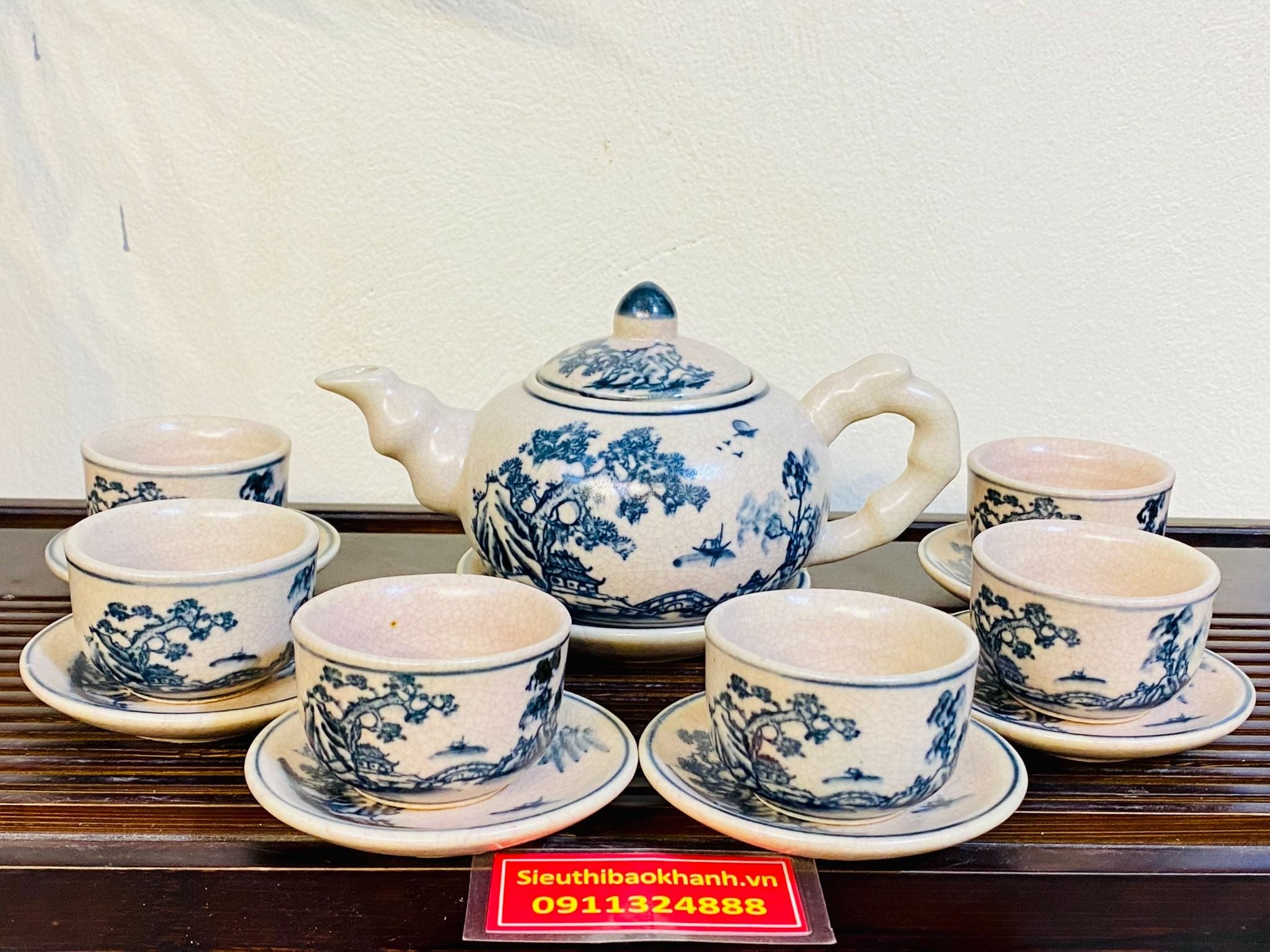  Bộ ấm chén men rạn giả cổ vẽ phong cảnh dáng tròn nhỏ xinh 