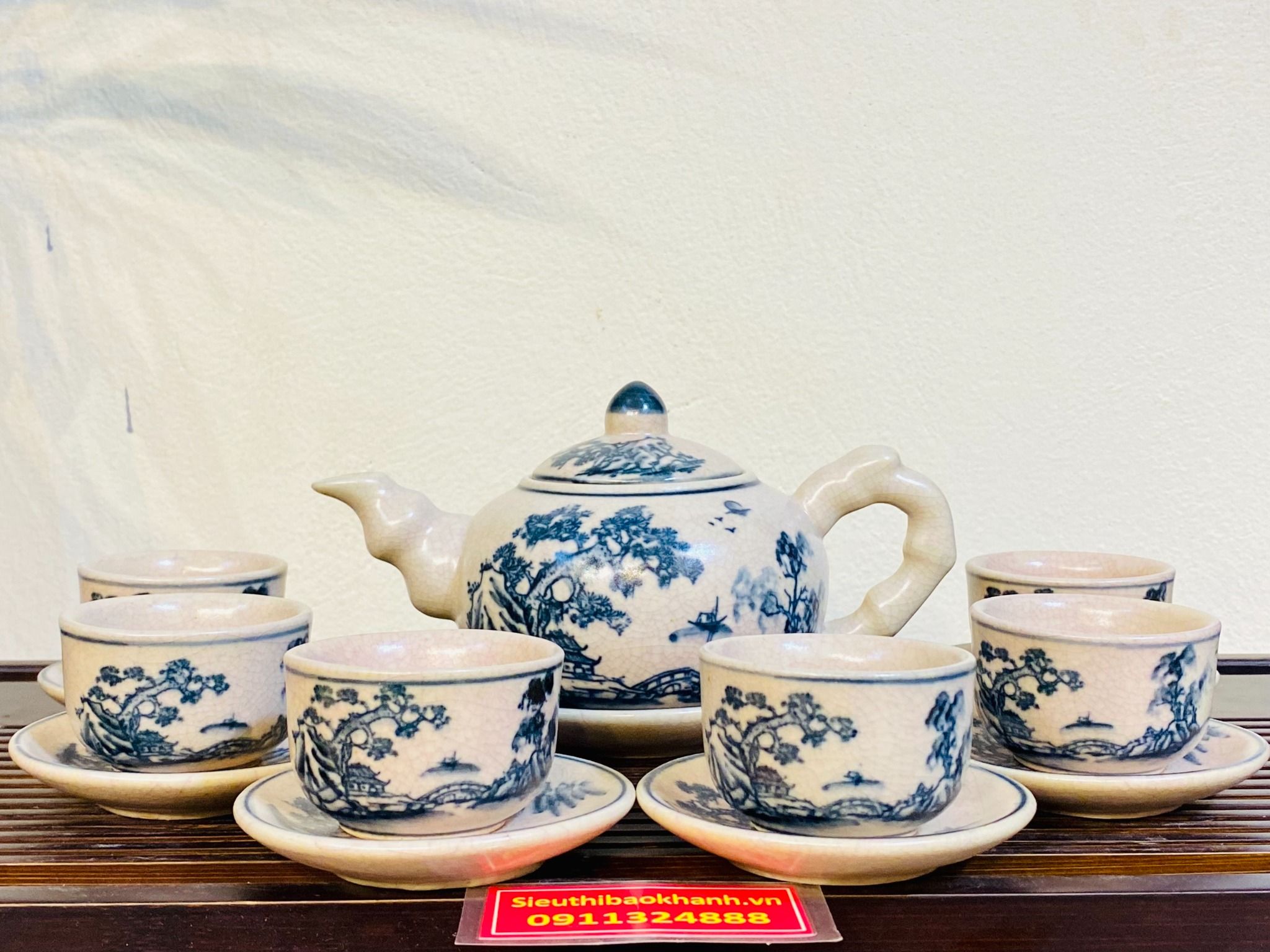  Bộ ấm chén men rạn giả cổ vẽ phong cảnh dáng tròn nhỏ xinh 