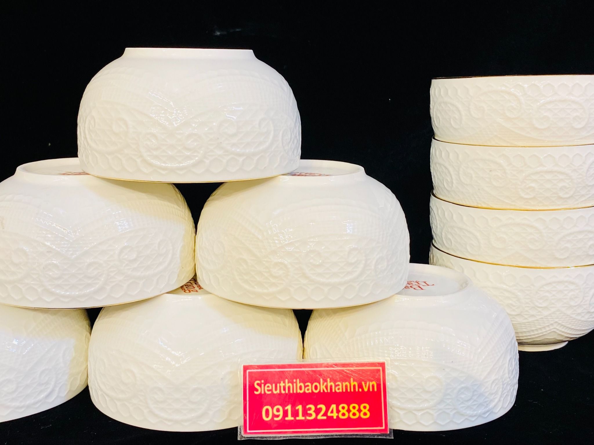  Bộ 10 bát ăn men trắng viền vàng họa tiết tin nổi tinh tế 