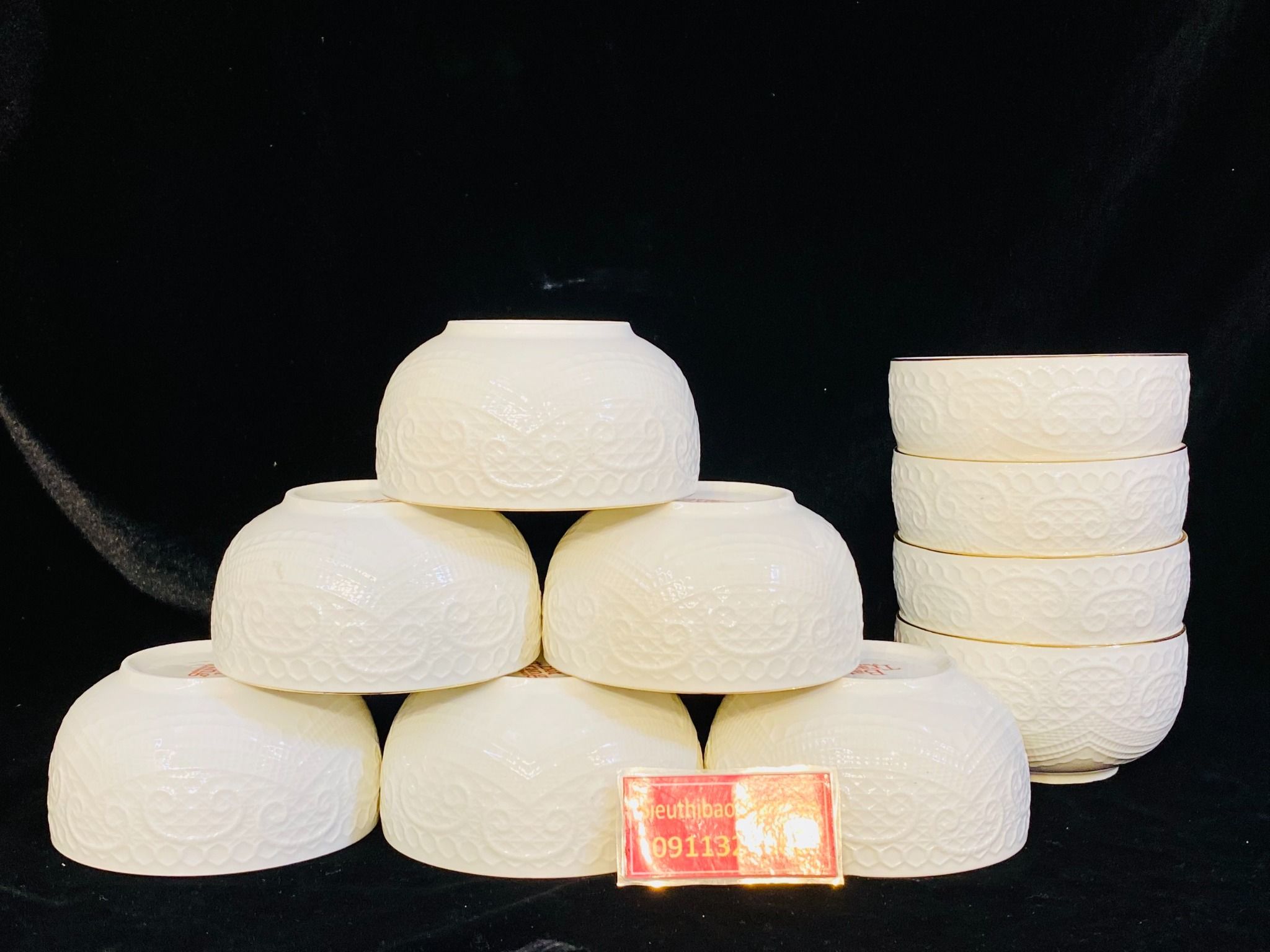  Bộ 10 bát ăn men trắng viền vàng họa tiết tin nổi tinh tế 