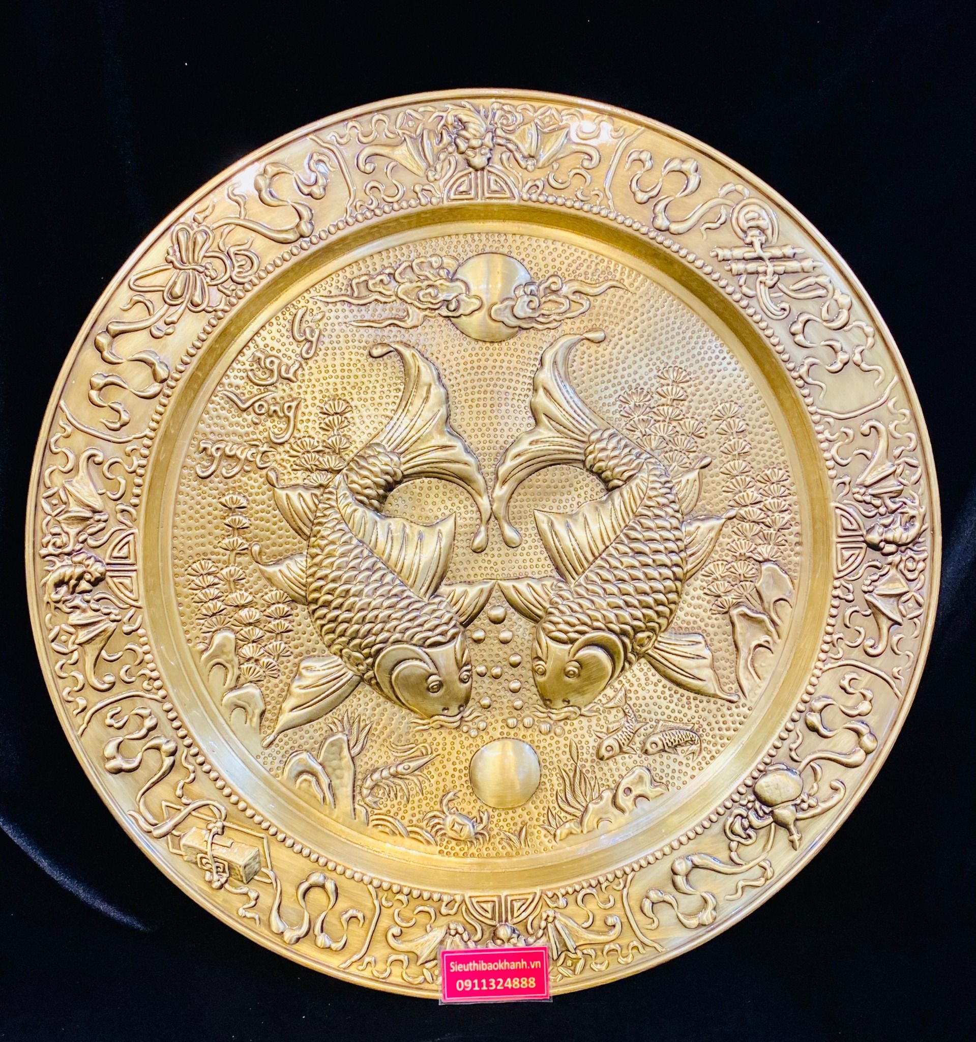  Mâm Đồng phong thủy cao cấp họa tiết Lí Ngư Vọng Nguyệt 50cm 