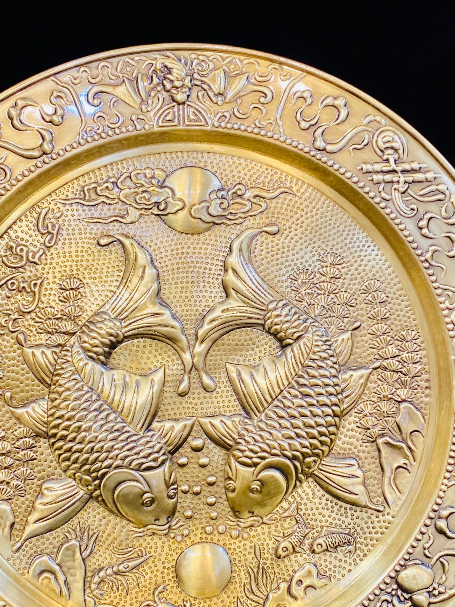  Mâm Đồng phong thủy cao cấp họa tiết Lí Ngư Vọng Nguyệt 50cm 