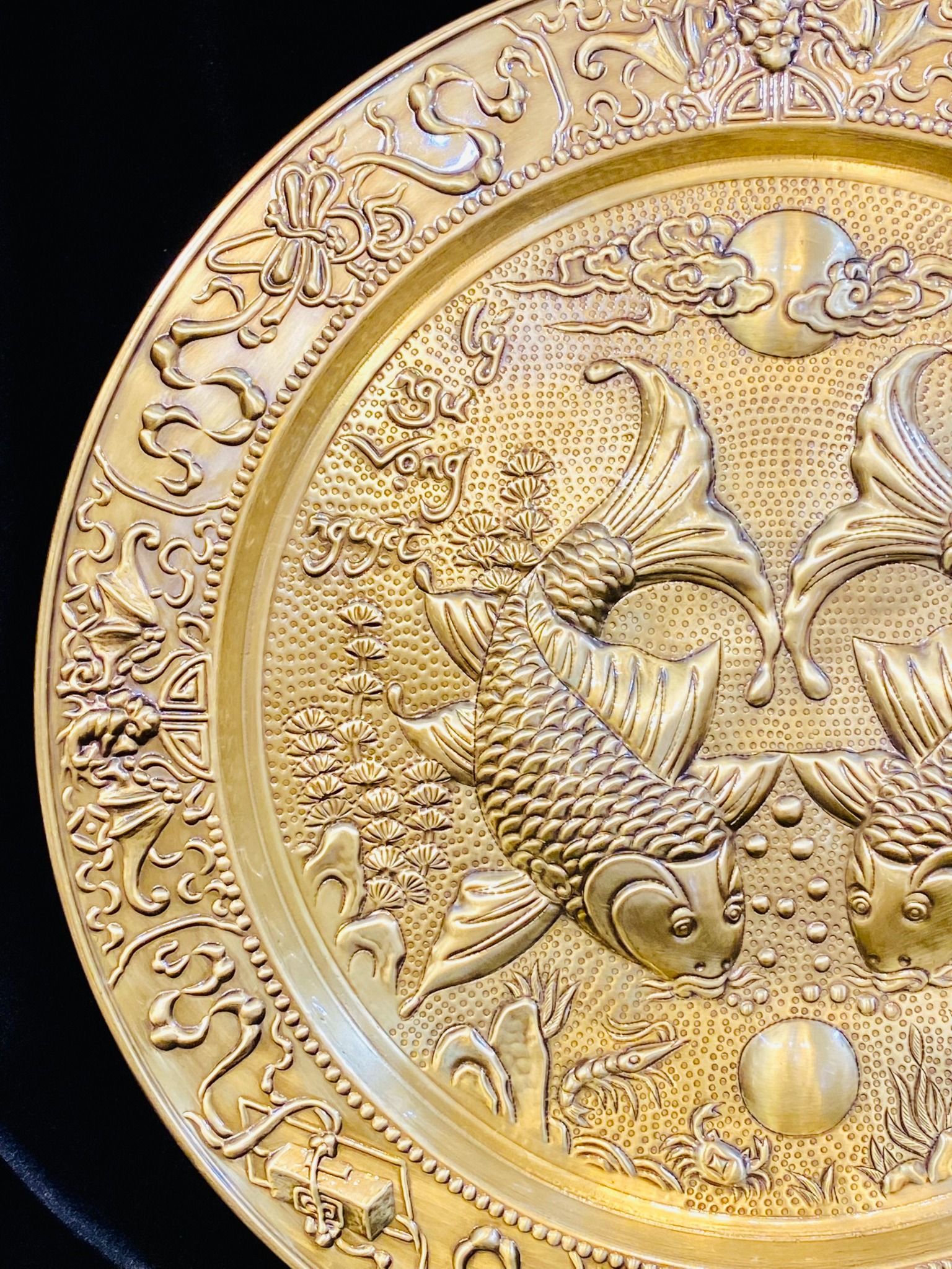  Mâm Đồng phong thủy cao cấp họa tiết Lí Ngư Vọng Nguyệt 50cm 