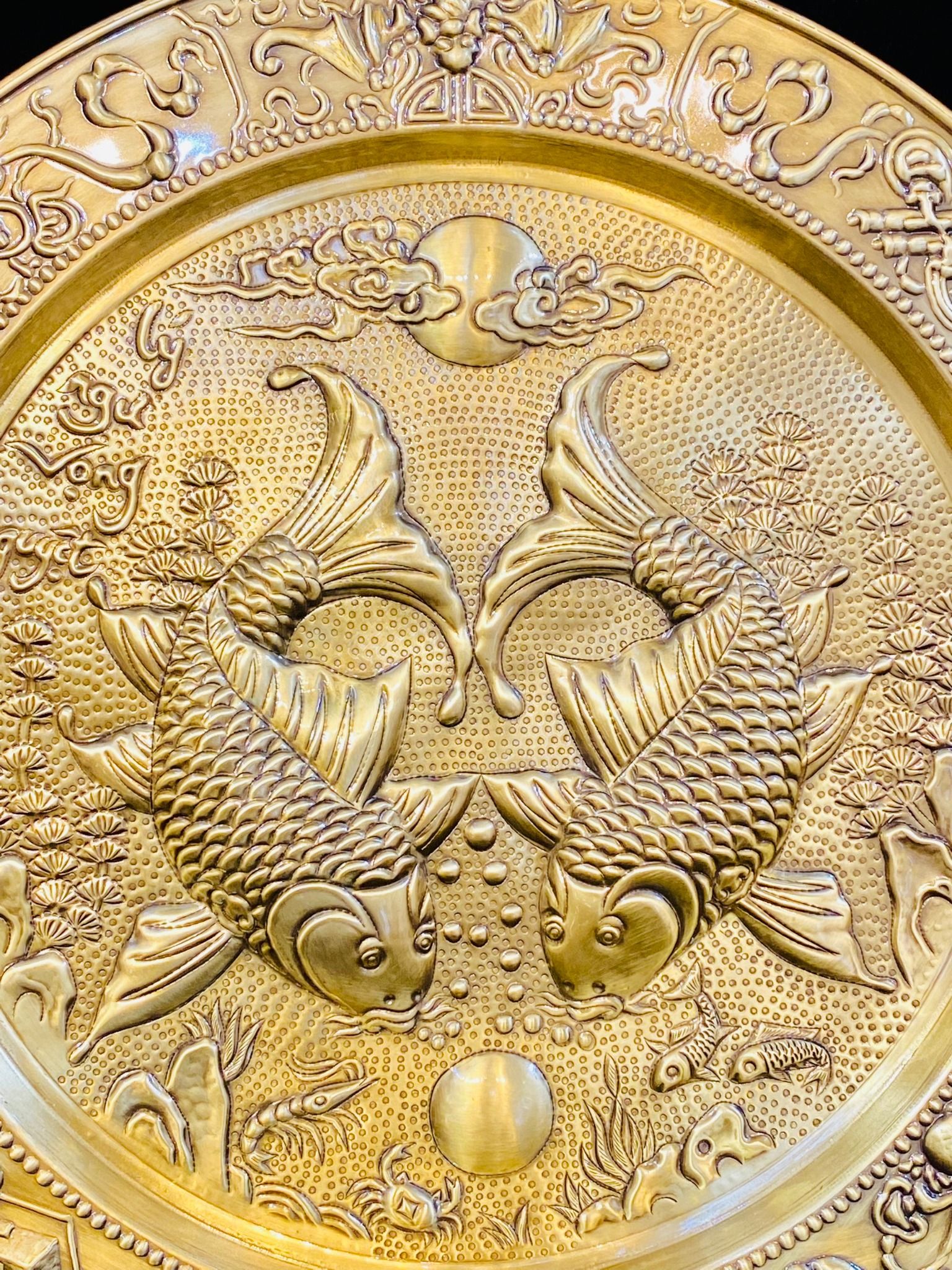  Mâm Đồng phong thủy cao cấp họa tiết Lí Ngư Vọng Nguyệt 50cm 