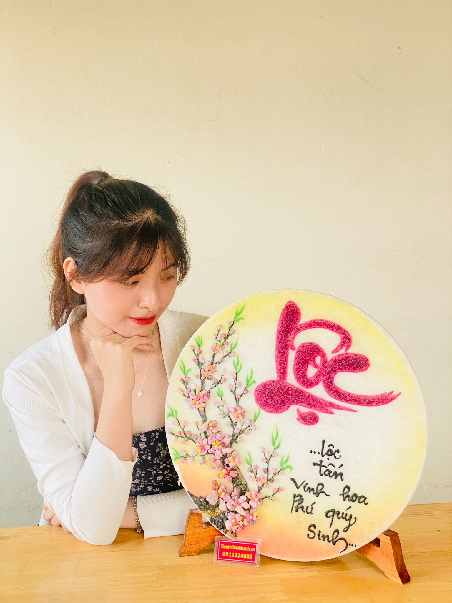  Đĩa cảnh đá quý chữ Lộc [vật phẩm trưng bày] 