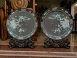  Cặp đĩa cảnh phong thủy khảm tích cây và 2 chú chim gỗ gụ căm 