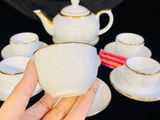  Bộ ấm chén men trắng trơn nhẹ nhàng viền vàng 