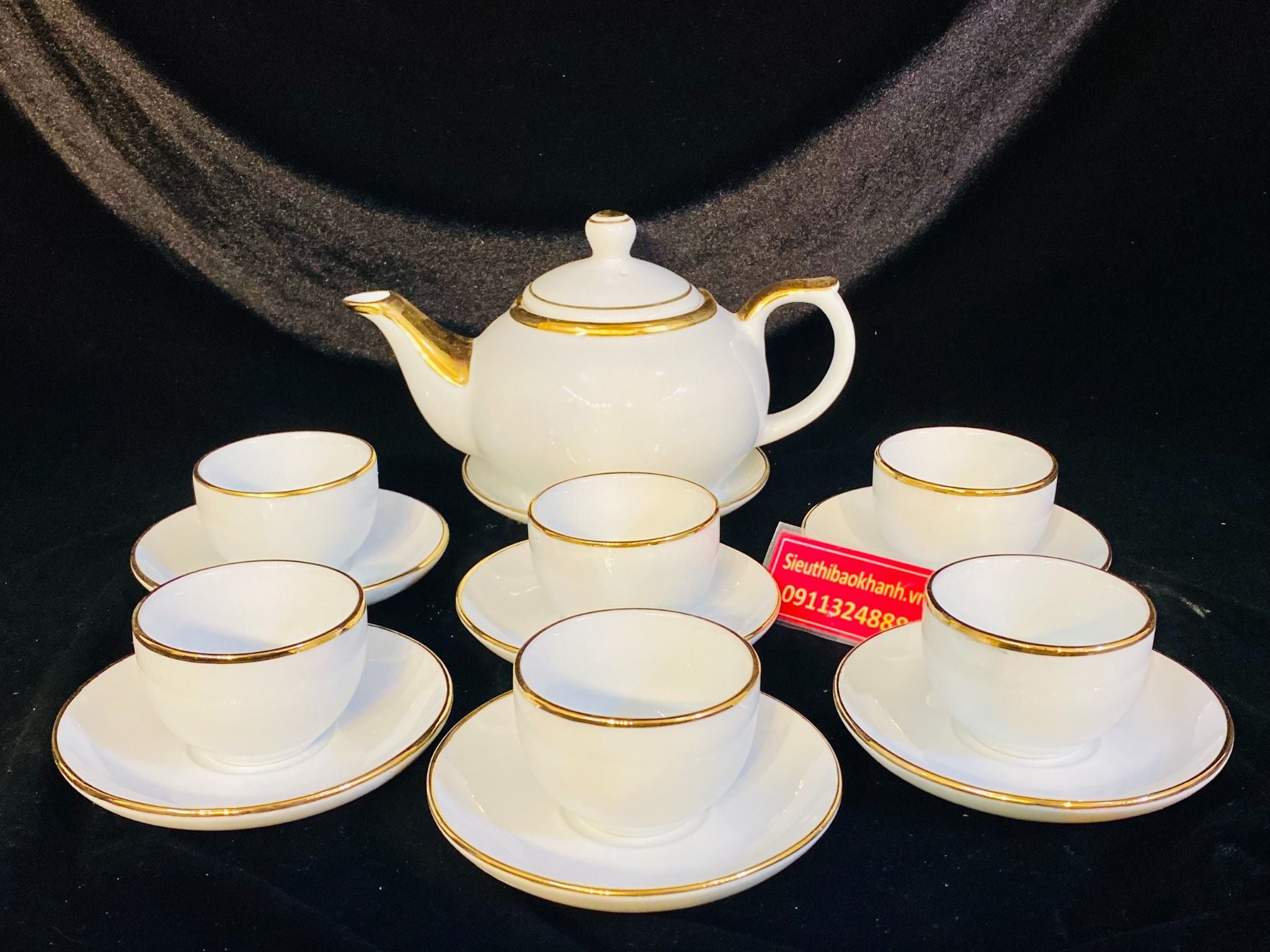  Bộ ấm chén men trắng trơn nhẹ nhàng viền vàng 