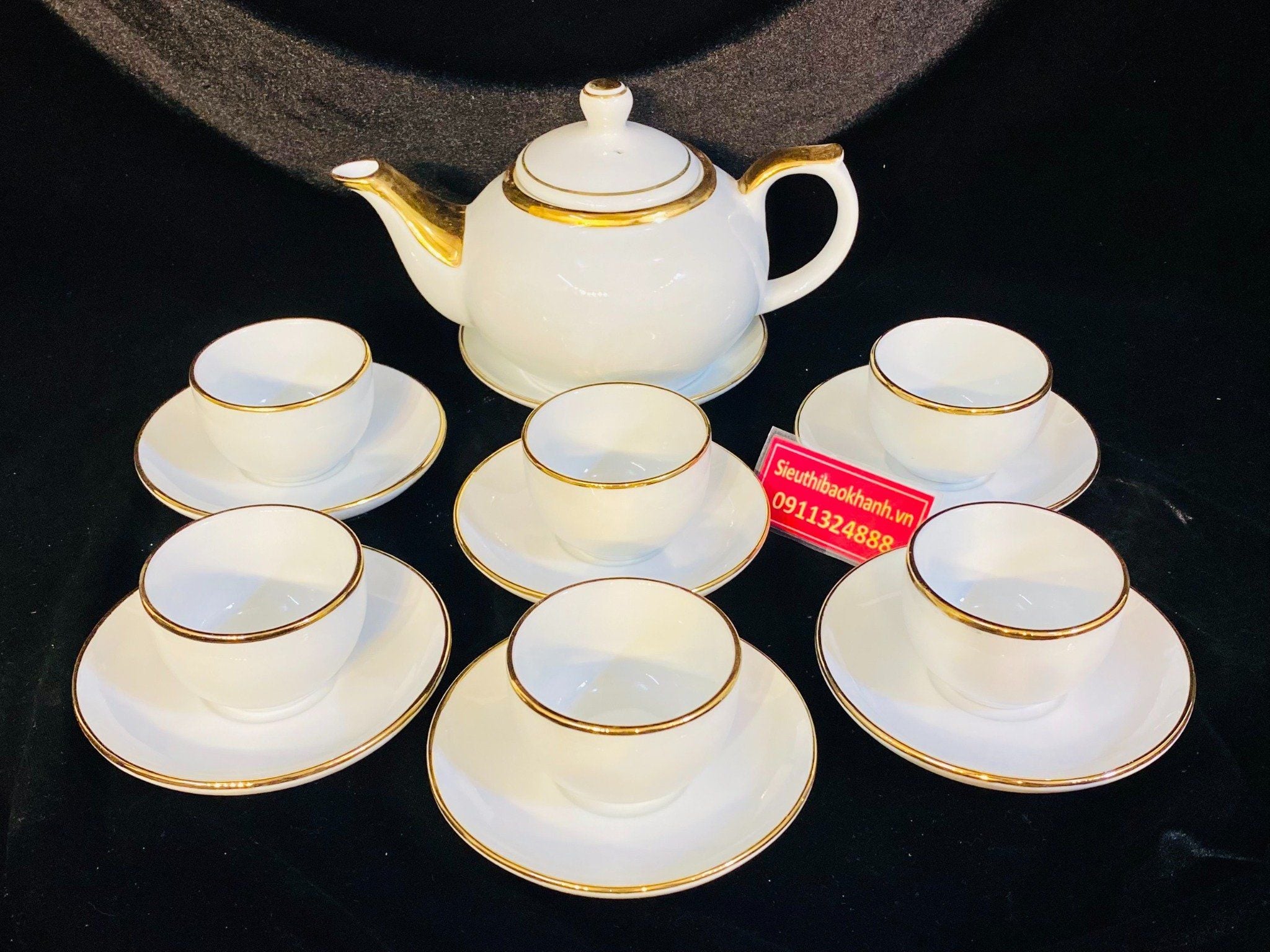  Bộ ấm chén men trắng trơn nhẹ nhàng viền vàng 