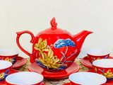  Bộ ấm chén men đỏ vẽ bông sen nổi độc đáo 