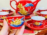  Bộ ấm chén men đỏ vẽ bông sen nổi độc đáo 