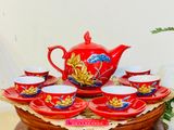  Bộ ấm chén men đỏ vẽ bông sen nổi độc đáo 