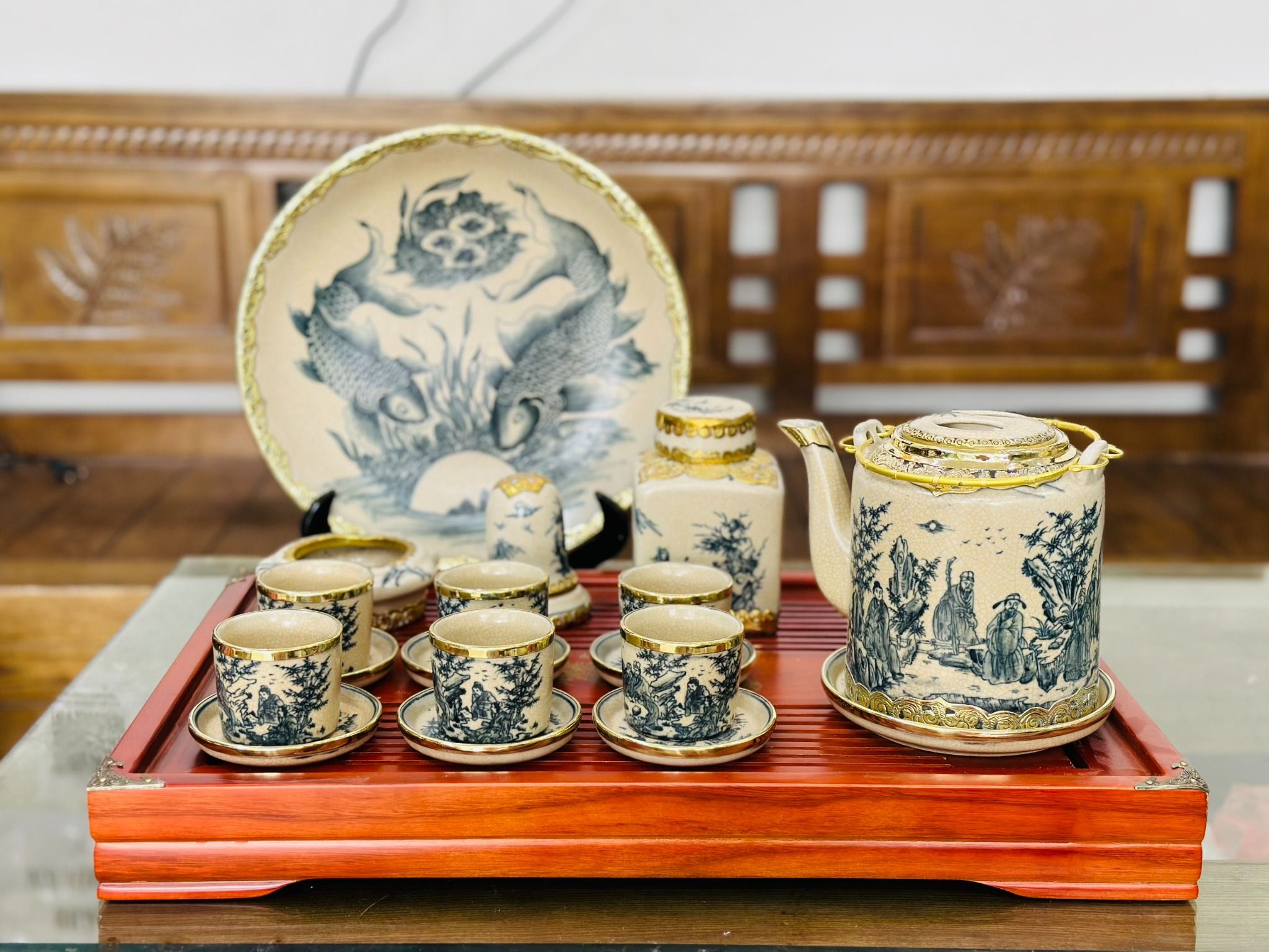  [CÓ BÁN LẺ] Bộ ấm tích bọc đồng dáng trụ đầy đủ phụ kiện dung tích 1l 