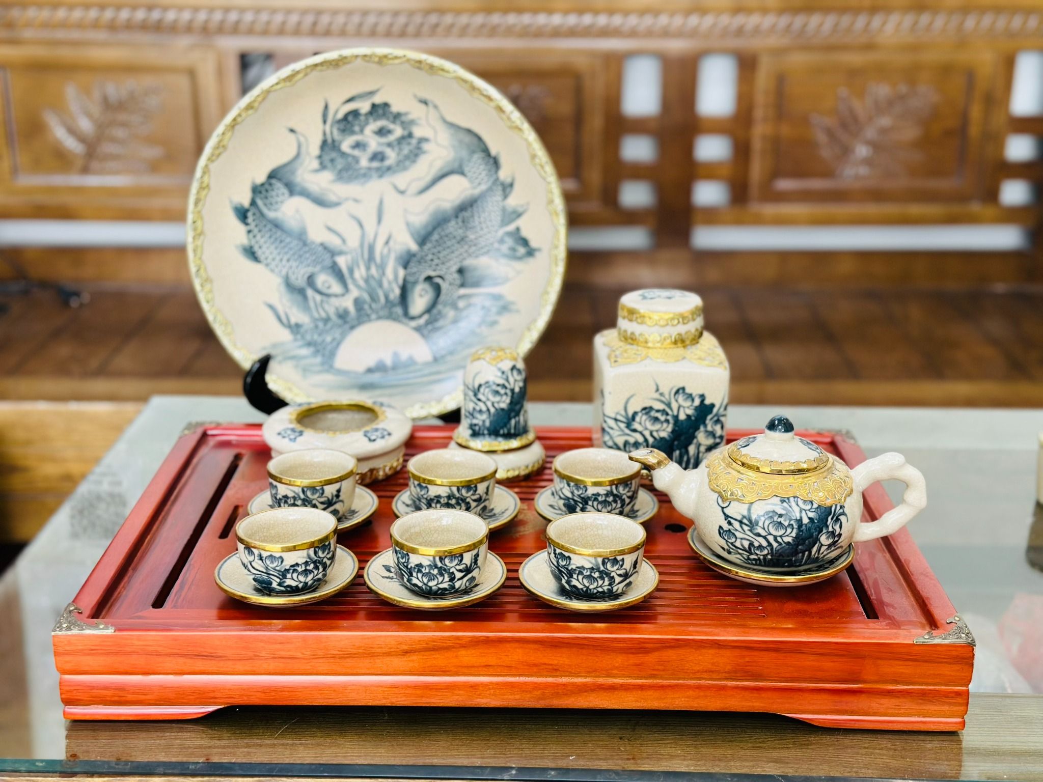  [CÓ BÁN LẺ] Bộ ấm chén quả hồng bọc đồng vẽ sen đầy đủ phụ kiện 