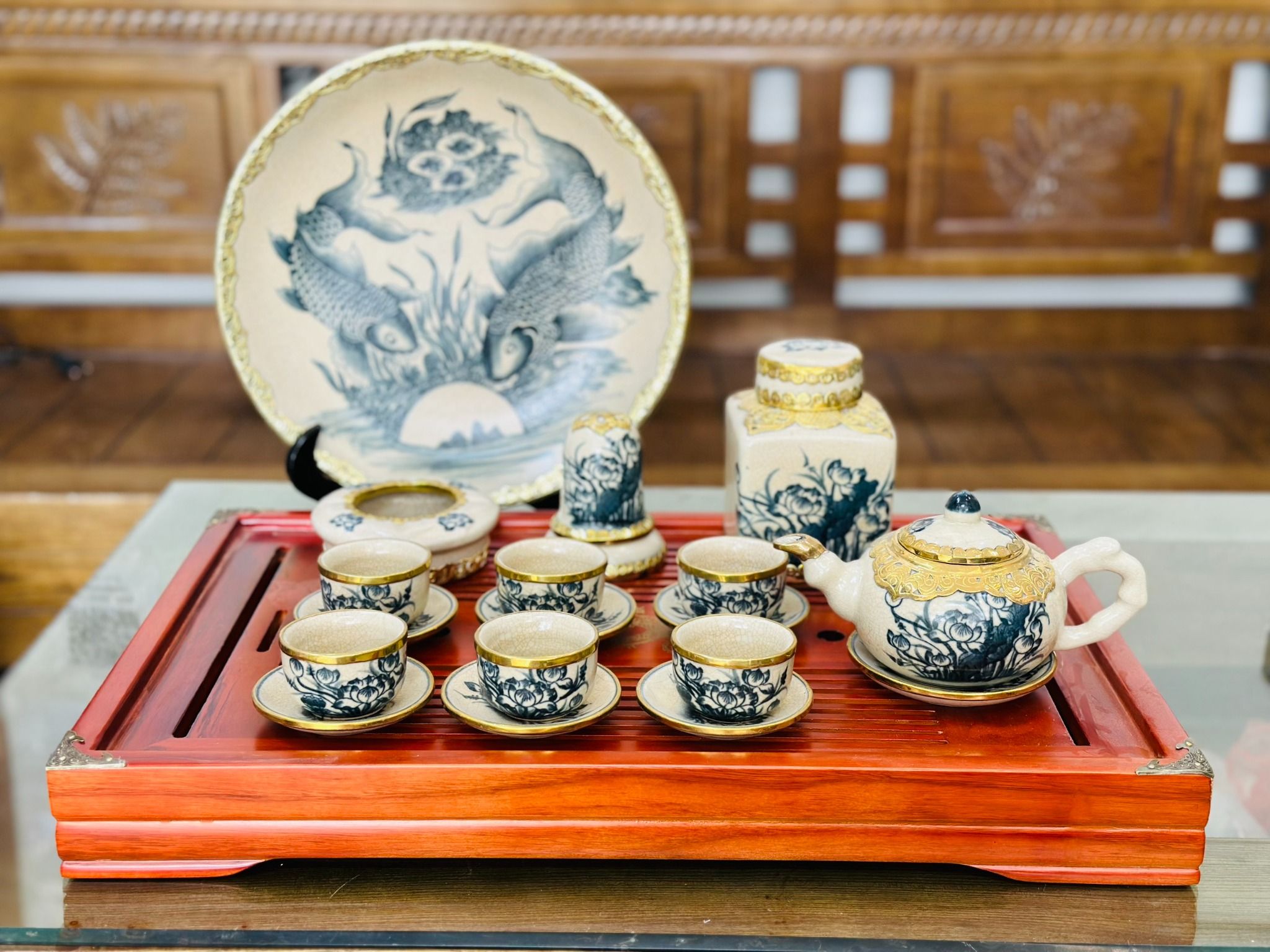  [CÓ BÁN LẺ] Bộ ấm chén quả hồng bọc đồng vẽ sen đầy đủ phụ kiện 