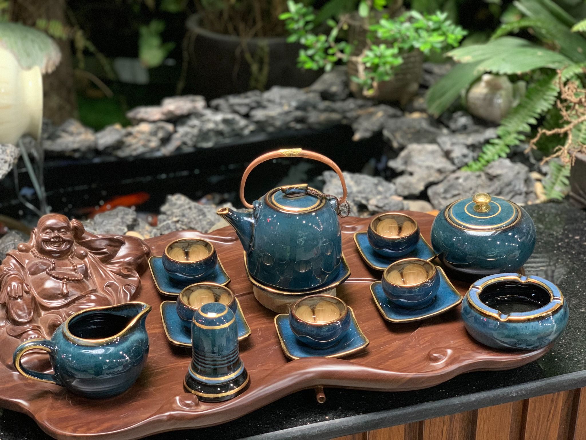  [có bán lẻ] Bộ ấm chén quả hồng xanh vàng kim cao cấp đầy đủ phụ kiện 