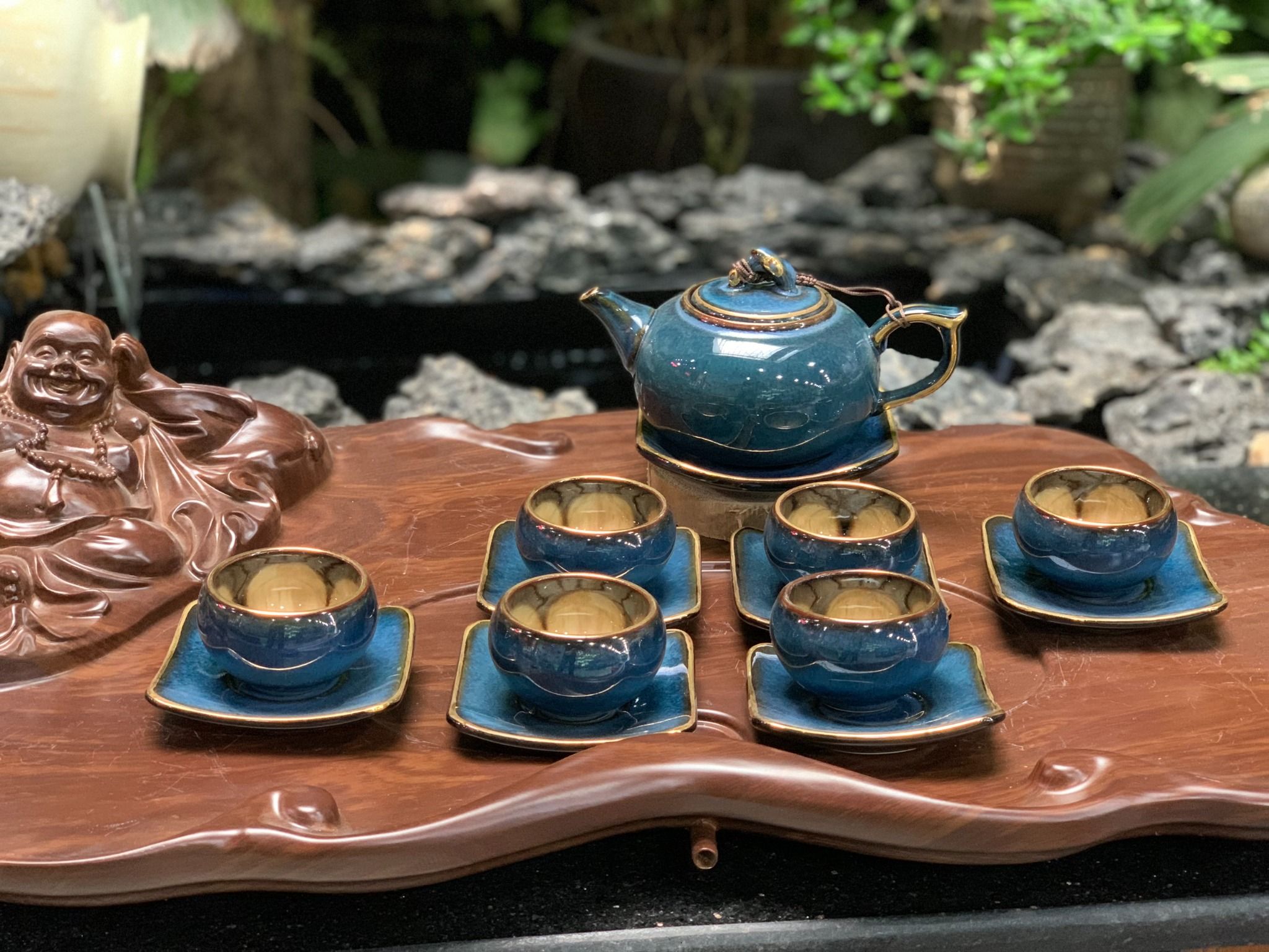  [có bán lẻ] Bộ ấm chén quả hồng xanh vàng kim cao cấp đầy đủ phụ kiện 