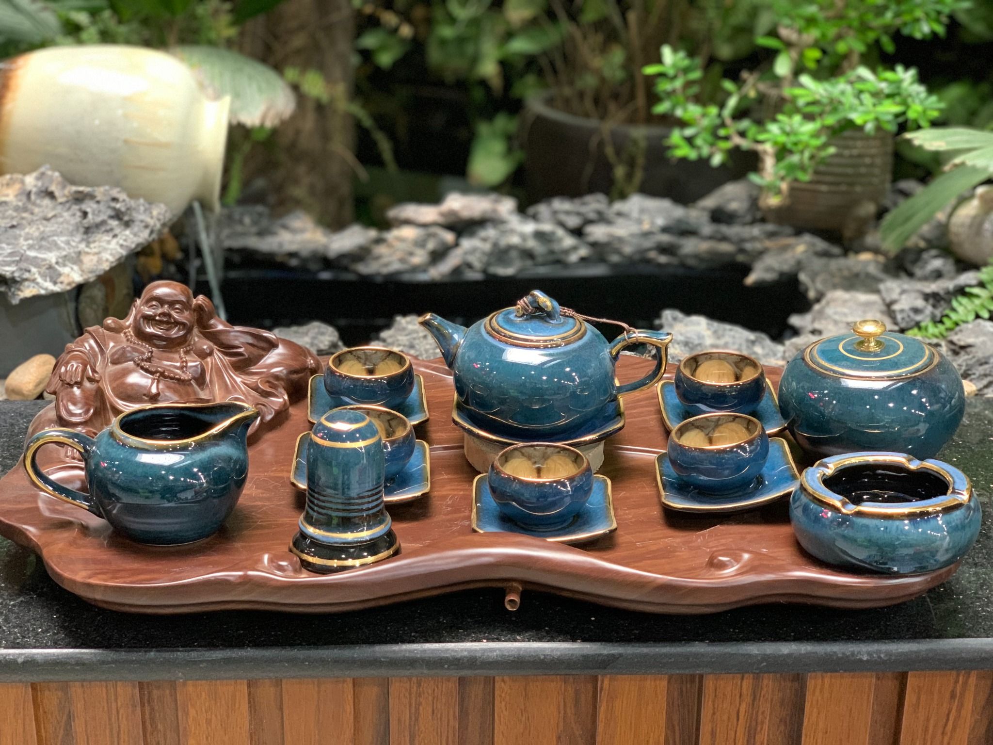  [có bán lẻ] Bộ ấm chén quả hồng xanh vàng kim cao cấp đầy đủ phụ kiện 