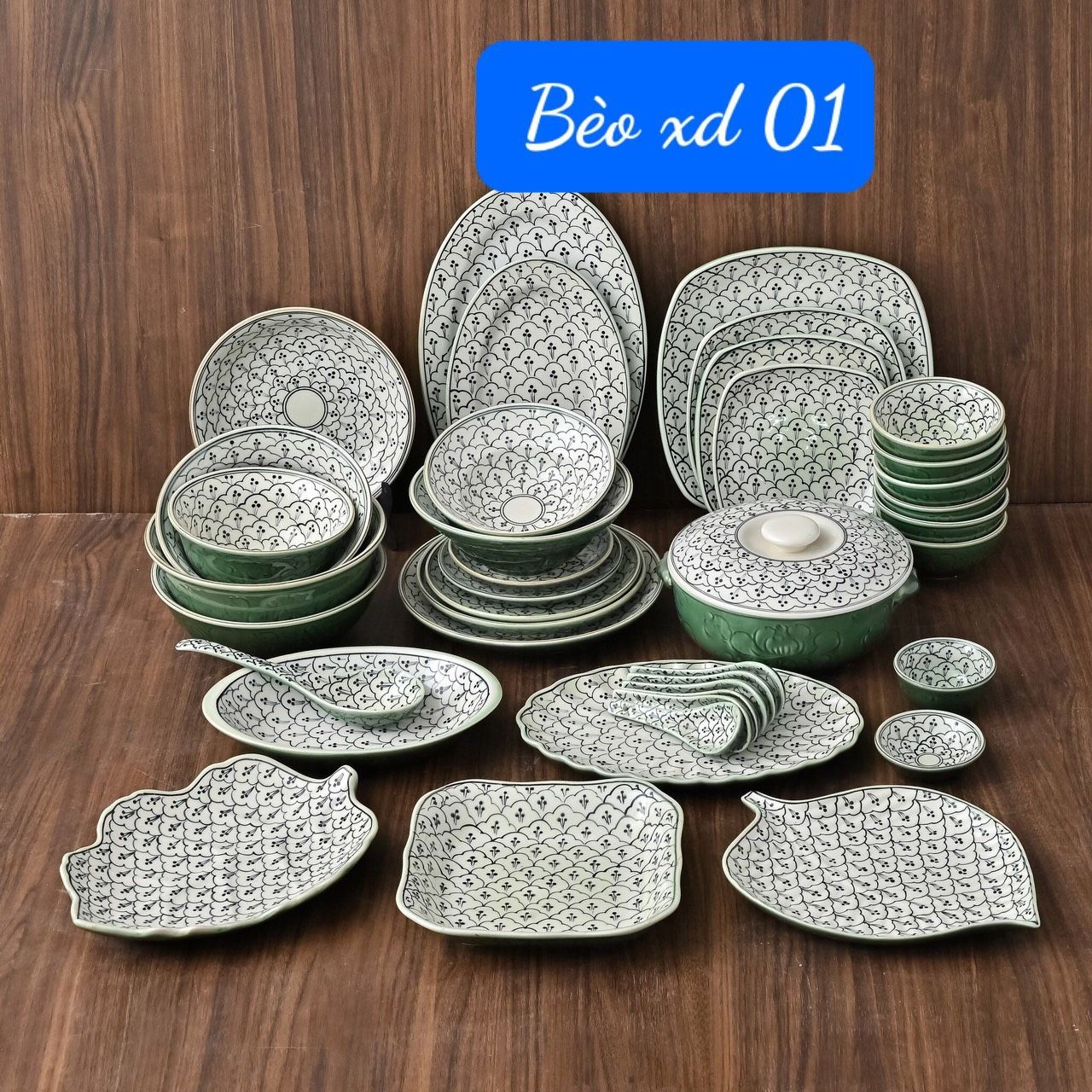  Bộ bát đĩa xanh đồng vẽ hoa bèo 