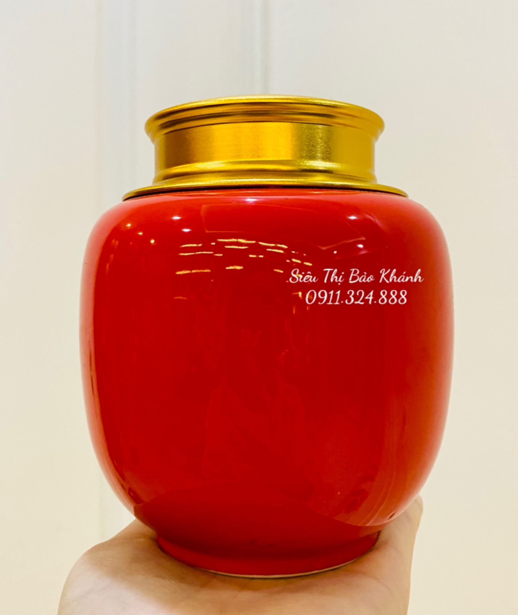  Hũ đựng chè men đỏ Gốm sứ Bát Tràng vẽ Bông sen 