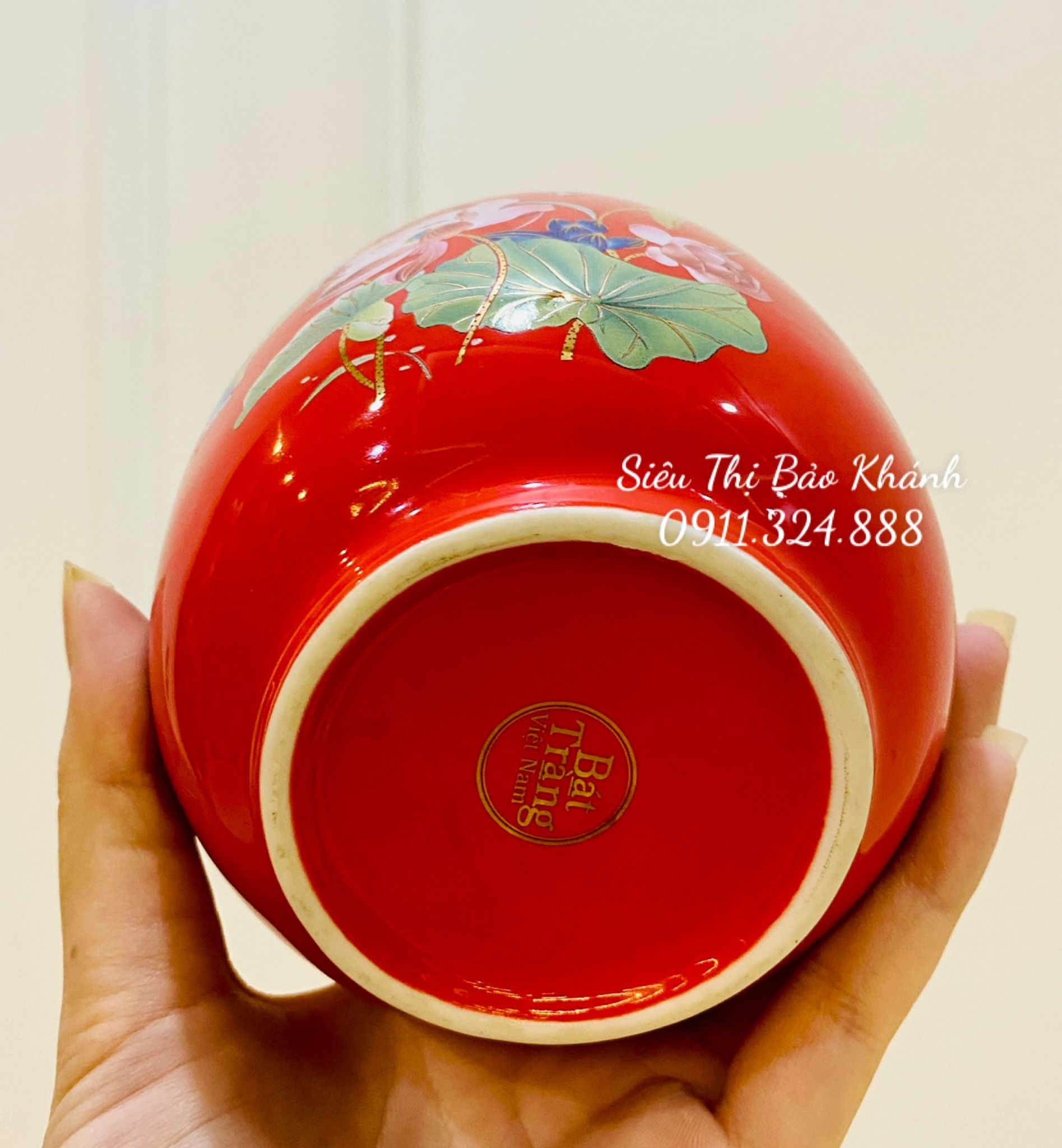  Hũ đựng chè men đỏ Gốm sứ Bát Tràng vẽ Bông sen 