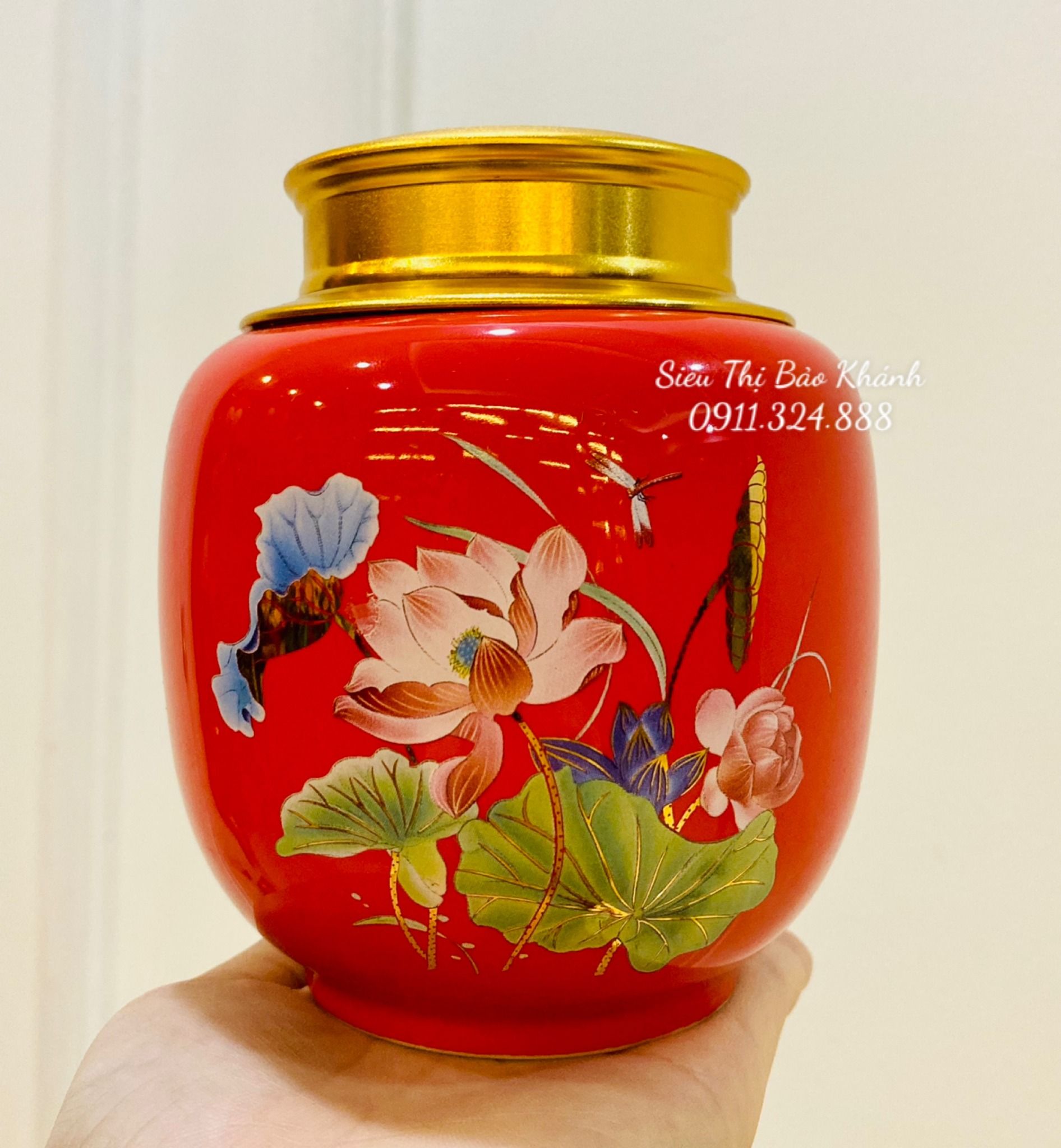  Hũ đựng chè men đỏ Gốm sứ Bát Tràng vẽ Bông sen 